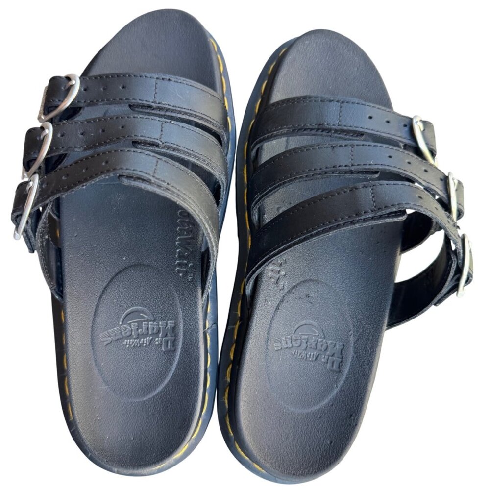Dr. Martens Blaire Black Leather Slide Sandals Size 7 Triple Strap & Buckles - Picture 6 of 13